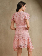 Anewsta Primavera, Férias, Festival Vestido Curto de Manga Curta com Gola Redonda, Floral, Recorte, Bordado, Renda Vazada, Elegante Verão Novidade para Mulheres