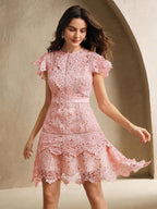 Anewsta Primavera, Férias, Festival Vestido Curto de Manga Curta com Gola Redonda, Floral, Recorte, Bordado, Renda Vazada, Elegante Verão Novidade para Mulheres