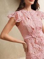 Anewsta Primavera, Férias, Festival Vestido Curto de Manga Curta com Gola Redonda, Floral, Recorte, Bordado, Renda Vazada, Elegante Verão Novidade para Mulheres