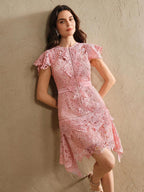 Anewsta Primavera, Férias, Festival Vestido Curto de Manga Curta com Gola Redonda, Floral, Recorte, Bordado, Renda Vazada, Elegante Verão Novidade para Mulheres