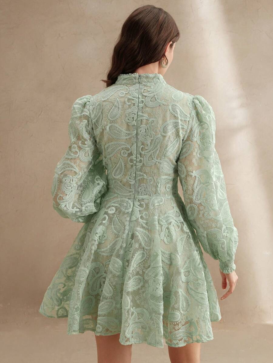 Anewsta Vestido Elegante Feminino de Outono com Gola Alta, Manga Farol, Cintura Marcada e Tule Bordado Floral