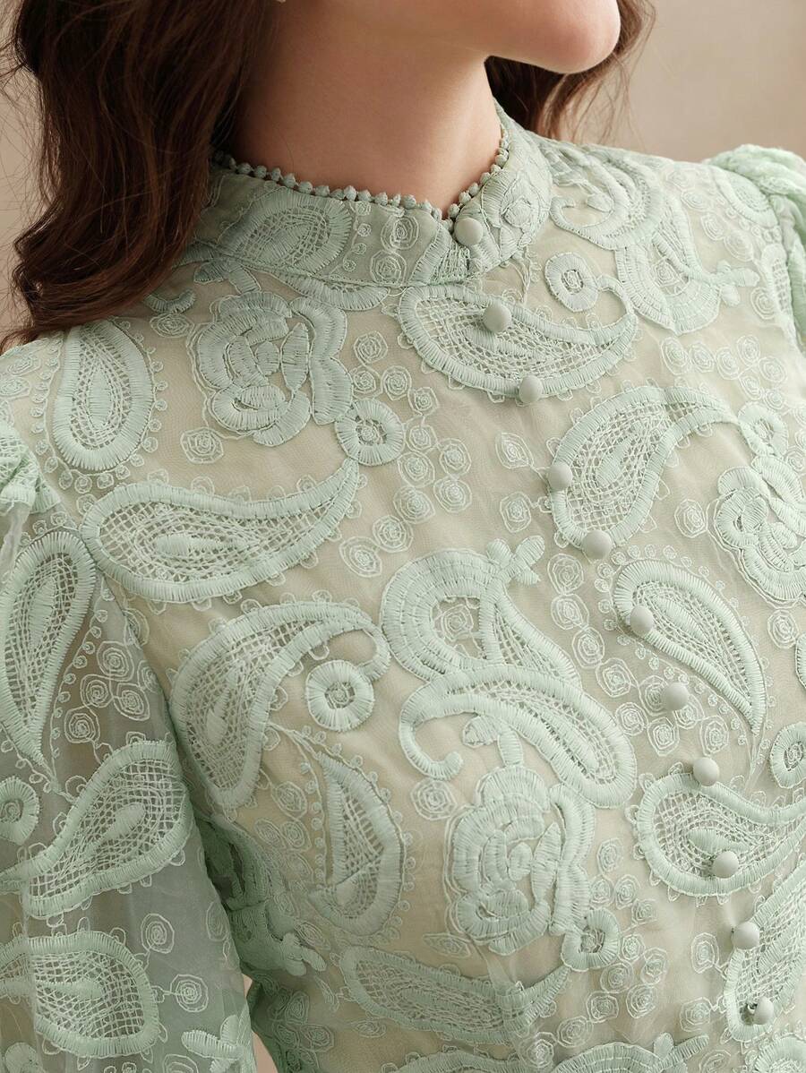 Anewsta Vestido Elegante Feminino de Outono com Gola Alta, Manga Farol, Cintura Marcada e Tule Bordado Floral