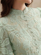 Anewsta Vestido Elegante Feminino de Outono com Gola Alta, Manga Farol, Cintura Marcada e Tule Bordado Floral