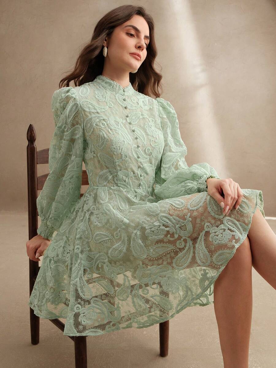 Anewsta Vestido Elegante Feminino de Outono com Gola Alta, Manga Farol, Cintura Marcada e Tule Bordado Floral