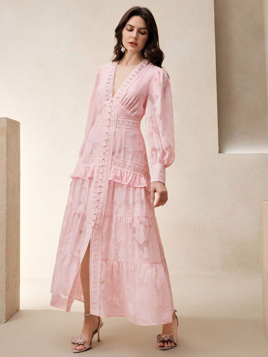 Anewsta Vestido Longo Elegante Feminino com Decote em V, Mangas Bufantes e Cintura Marcada