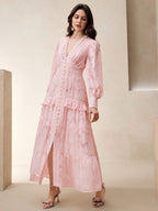 Anewsta Vestido Longo Elegante Feminino com Decote em V, Mangas Bufantes e Cintura Marcada