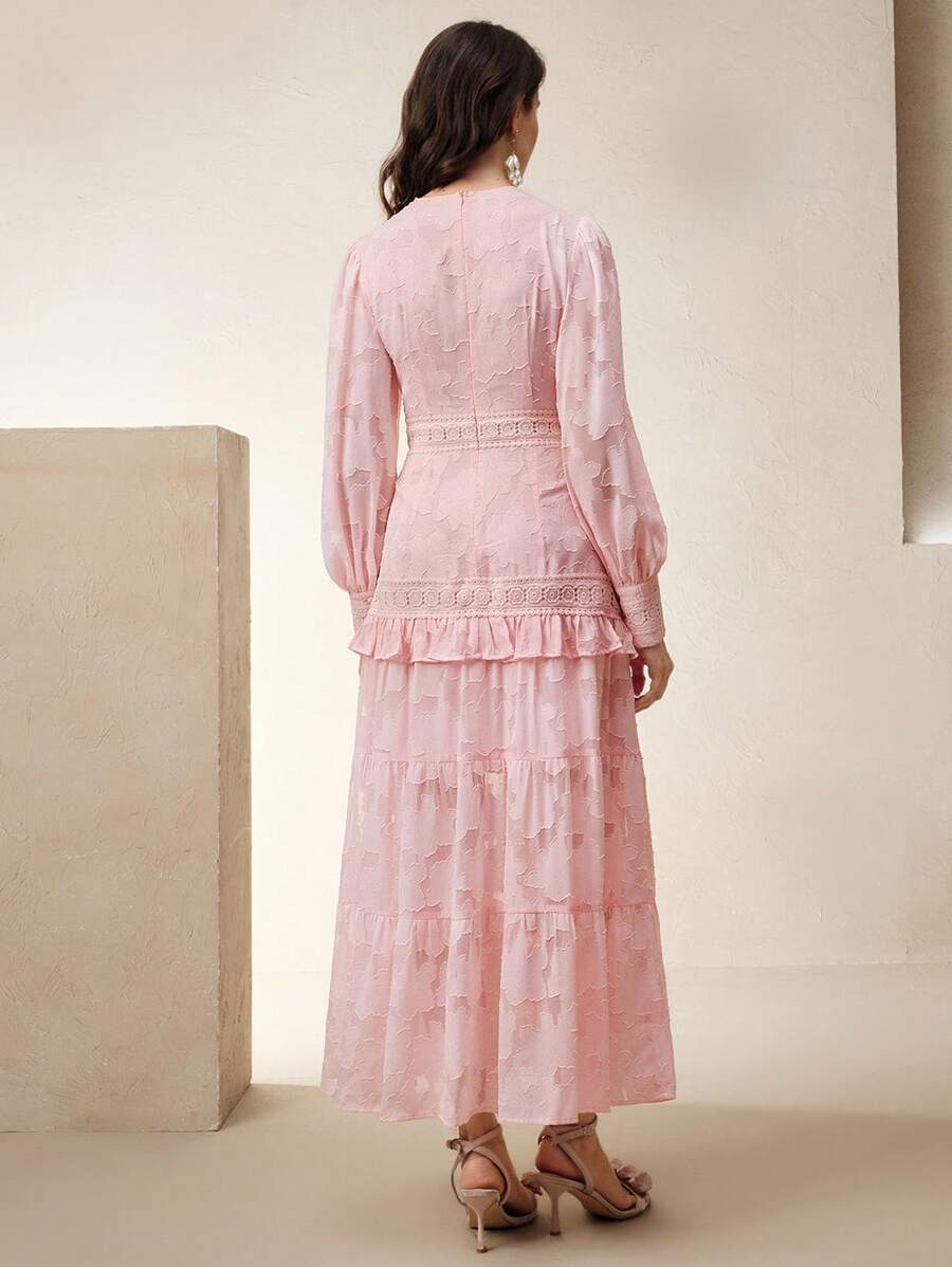 Anewsta Vestido Longo Elegante Feminino com Decote em V, Mangas Bufantes e Cintura Marcada