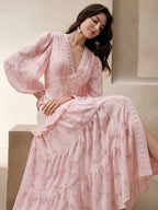 Anewsta Vestido Longo Elegante Feminino com Decote em V, Mangas Bufantes e Cintura Marcada