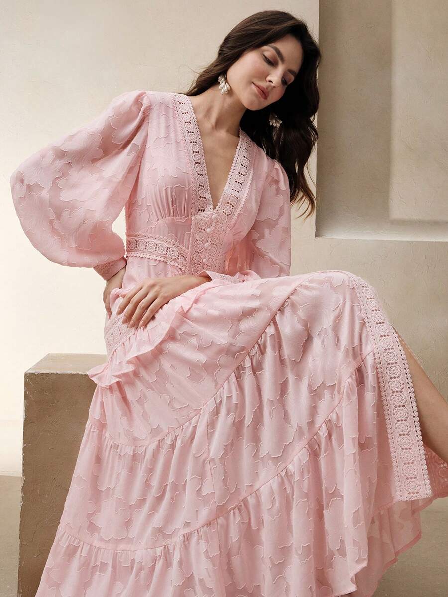 Anewsta Vestido Longo Elegante Feminino com Decote em V, Mangas Bufantes e Cintura Marcada