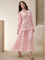 Anewsta Vestido Longo Elegante Feminino com Decote em V, Mangas Bufantes e Cintura Marcada