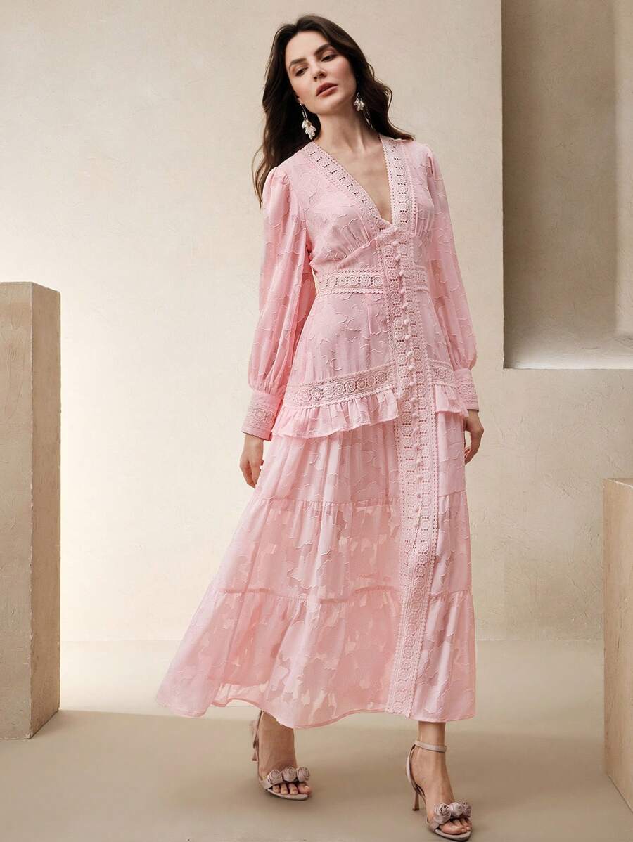 Anewsta Vestido Longo Elegante Feminino com Decote em V, Mangas Bufantes e Cintura Marcada