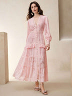 Anewsta Vestido Longo Elegante Feminino com Decote em V, Mangas Bufantes e Cintura Marcada