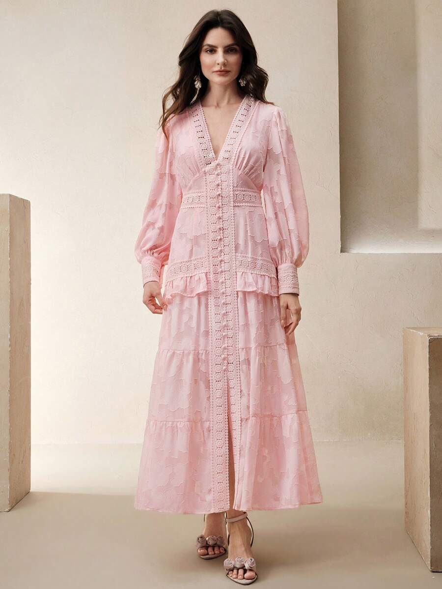 Anewsta Vestido Longo Elegante Feminino com Decote em V, Mangas Bufantes e Cintura Marcada