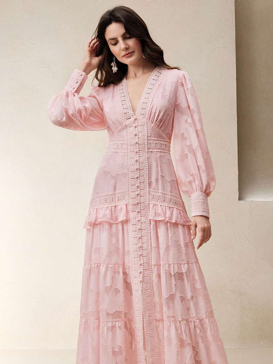 Anewsta Vestido Longo Elegante Feminino com Decote em V, Mangas Bufantes e Cintura Marcada