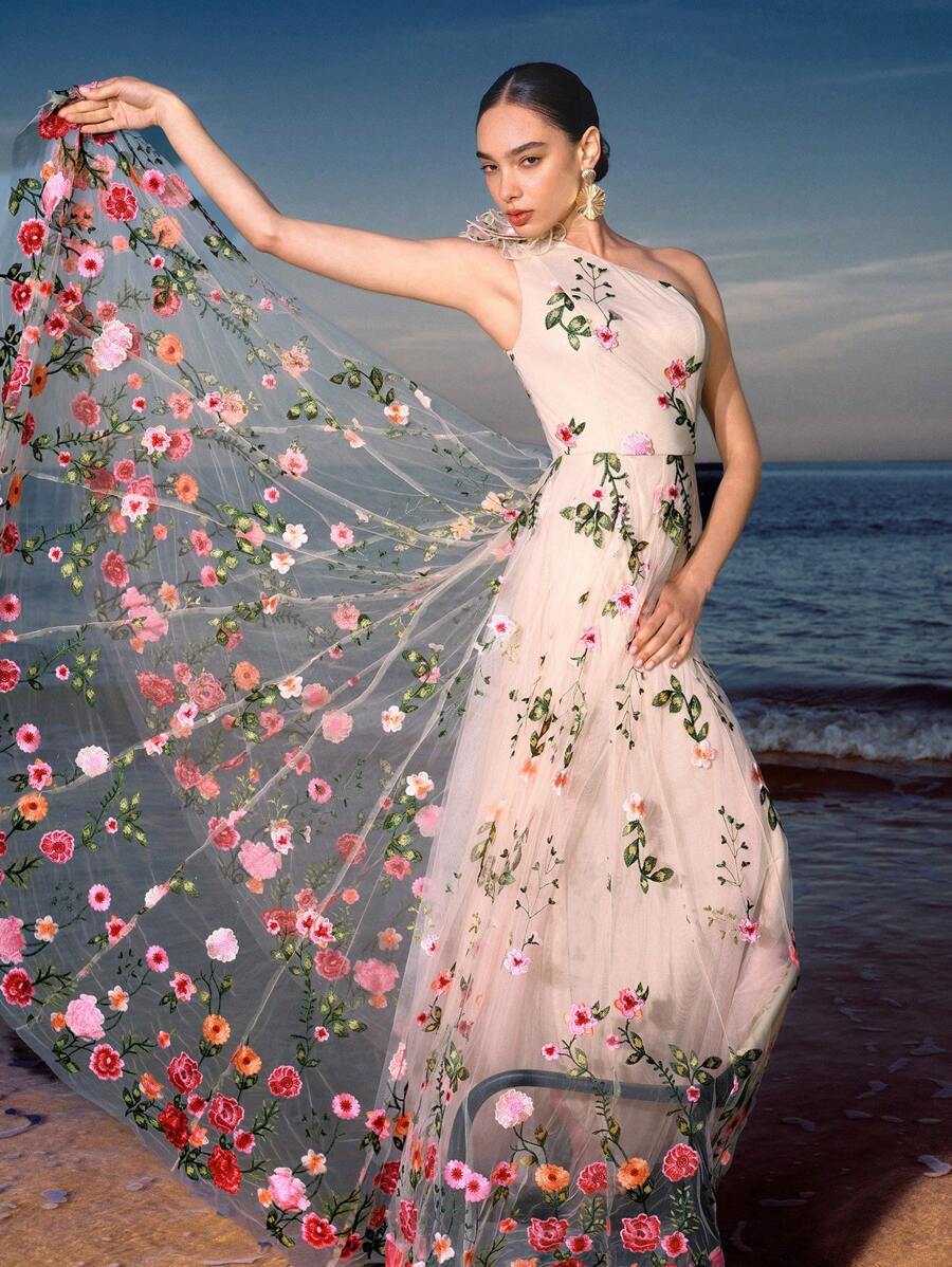 ZEYLAH Vestido Assimétrico de Renda Bordada com Flor 3D para Festa Elegante Feminino