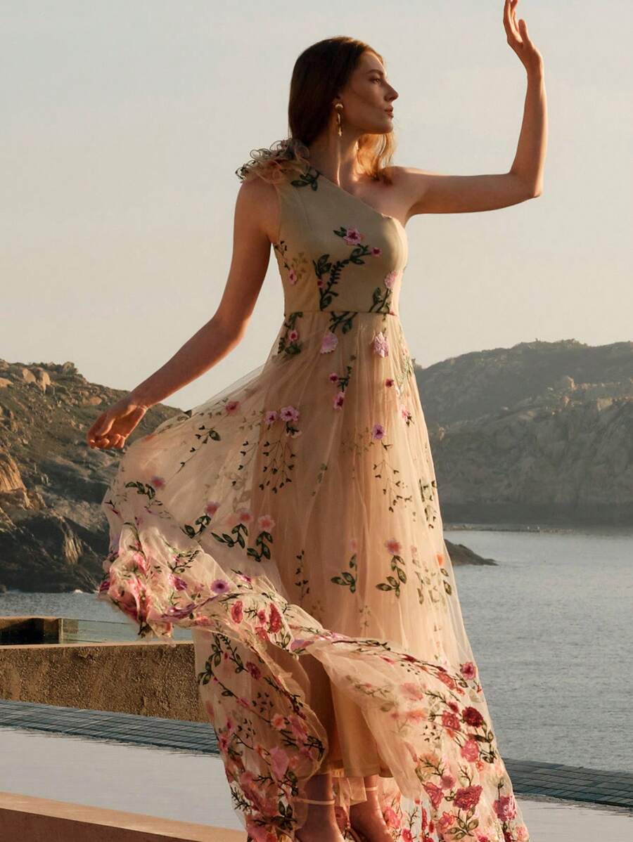 ZEYLAH Vestido Assimétrico de Renda Bordada com Flor 3D para Festa Elegante Feminino