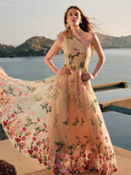 ZEYLAH Vestido Assimétrico de Renda Bordada com Flor 3D para Festa Elegante Feminino