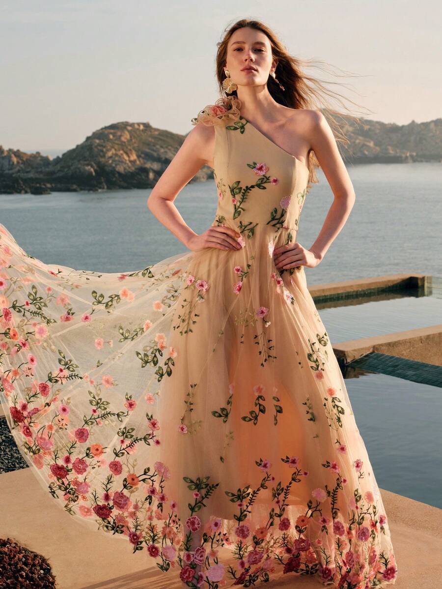 ZEYLAH Vestido Assimétrico de Renda Bordada com Flor 3D para Festa Elegante Feminino