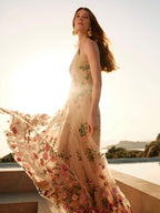 ZEYLAH Vestido Assimétrico de Renda Bordada com Flor 3D para Festa Elegante Feminino