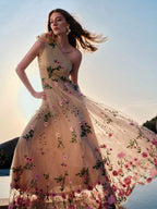 ZEYLAH Vestido Assimétrico de Renda Bordada com Flor 3D para Festa Elegante Feminino