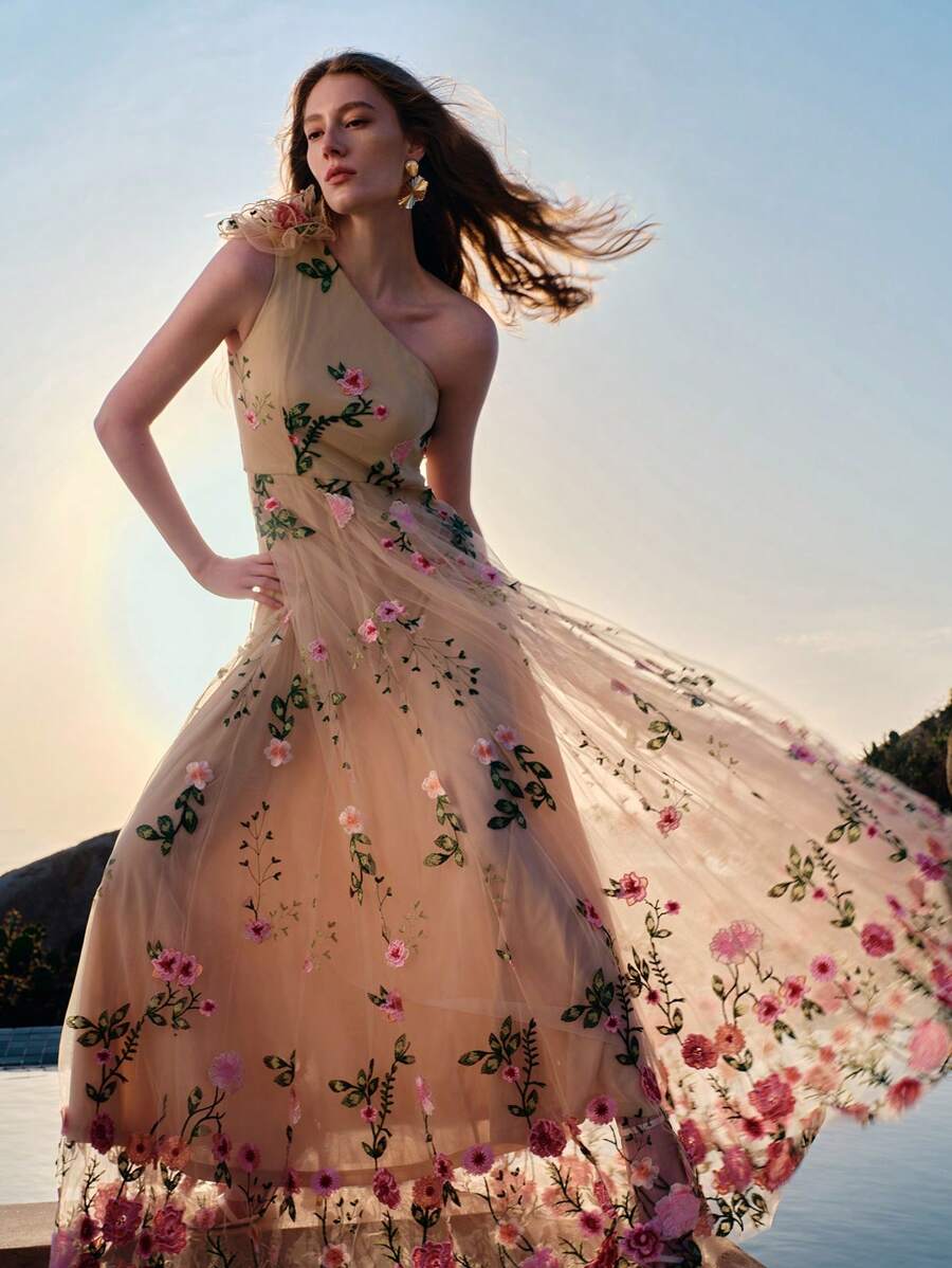 ZEYLAH Vestido Assimétrico de Renda Bordada com Flor 3D para Festa Elegante Feminino