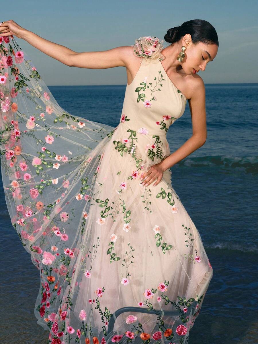 ZEYLAH Vestido Assimétrico de Renda Bordada com Flor 3D para Festa Elegante Feminino