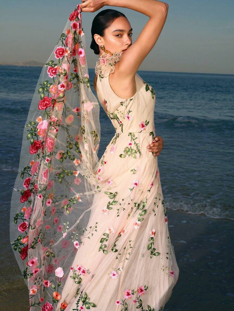 ZEYLAH Vestido Assimétrico de Renda Bordada com Flor 3D para Festa Elegante Feminino