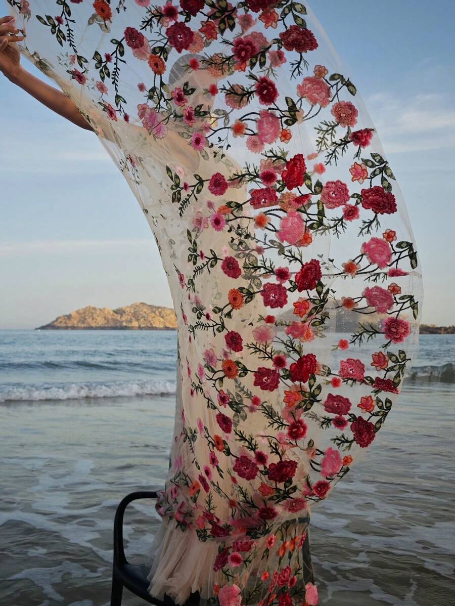 ZEYLAH Vestido Assimétrico de Renda Bordada com Flor 3D para Festa Elegante Feminino