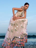 ZEYLAH Vestido Assimétrico de Renda Bordada com Flor 3D para Festa Elegante Feminino