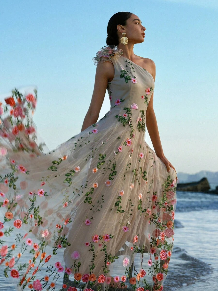 ZEYLAH Vestido Assimétrico de Renda Bordada com Flor 3D para Festa Elegante Feminino