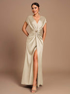 SHEIN Belle Vestido de Dama de Honra Evasê com Manga Curta Franzida, Fenda e Decote em A, na Cor Cáqui Elegante e Romântica