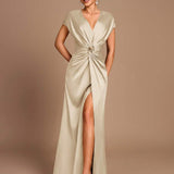 SHEIN Belle Vestido de Dama de Honra Evasê com Manga Curta Franzida, Fenda e Decote em A, na Cor Cáqui Elegante e Romântica