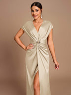 SHEIN Belle Vestido de Dama de Honra Evasê com Manga Curta Franzida, Fenda e Decote em A, na Cor Cáqui Elegante e Romântica