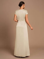 SHEIN Belle Vestido de Dama de Honra Evasê com Manga Curta Franzida, Fenda e Decote em A, na Cor Cáqui Elegante e Romântica