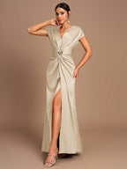 SHEIN Belle Vestido de Dama de Honra Evasê com Manga Curta Franzida, Fenda e Decote em A, na Cor Cáqui Elegante e Romântica