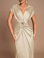 SHEIN Belle Vestido de Dama de Honra Evasê com Manga Curta Franzida, Fenda e Decote em A, na Cor Cáqui Elegante e Romântica