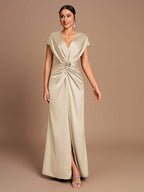 SHEIN Belle Vestido de Dama de Honra Evasê com Manga Curta Franzida, Fenda e Decote em A, na Cor Cáqui Elegante e Romântica