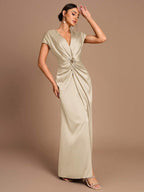 SHEIN Belle Vestido de Dama de Honra Evasê com Manga Curta Franzida, Fenda e Decote em A, na Cor Cáqui Elegante e Romântica