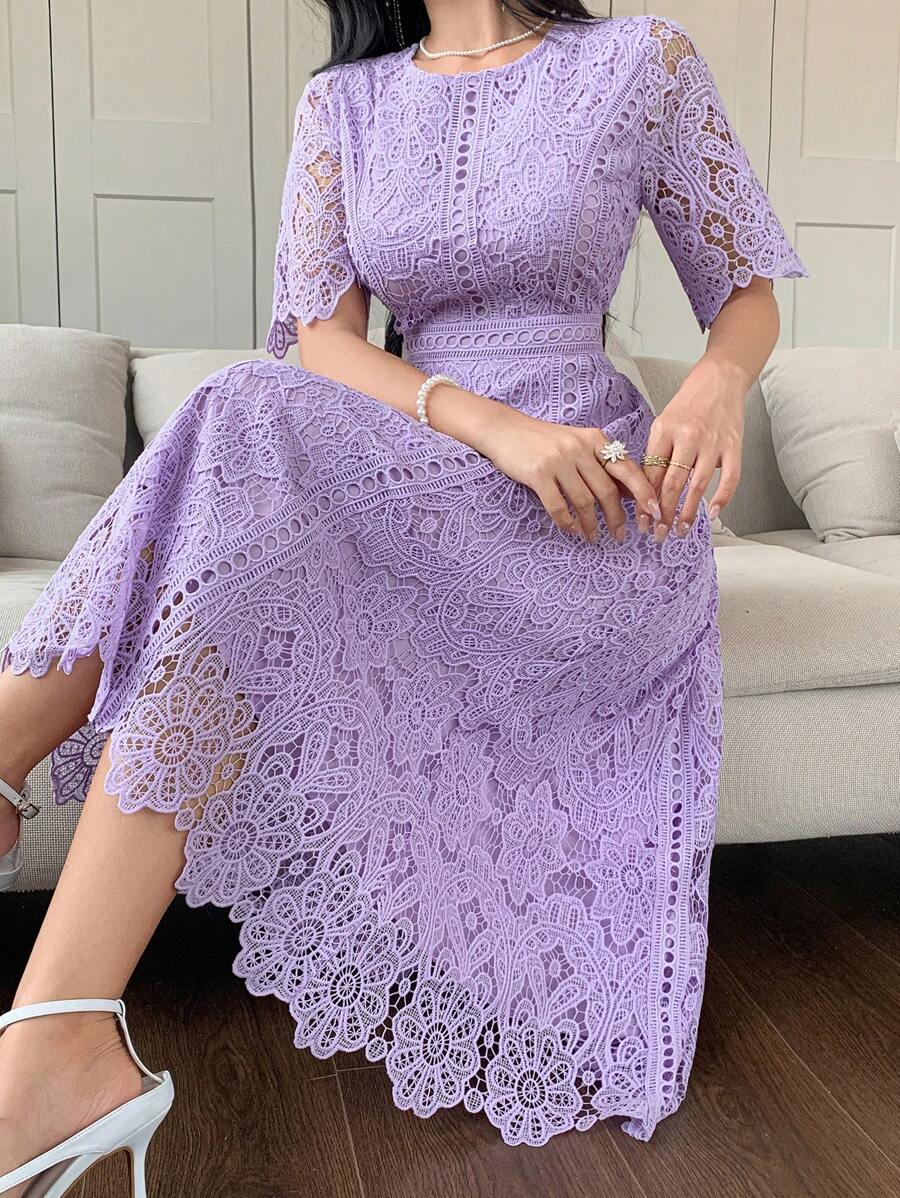 DAZY Vestido com Manga Curta e Detalhe em Renda Elegante, Vestido Mini Jovial e Refinado