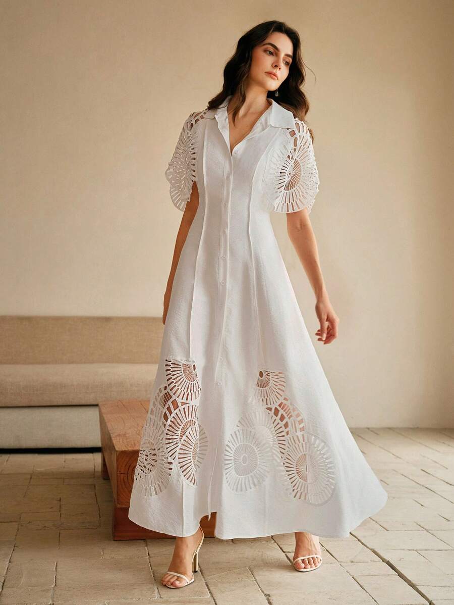 Anewsta Vestido Camisa Feminino de Cor Sólida, Abotoamento Único, Recorte Vazado