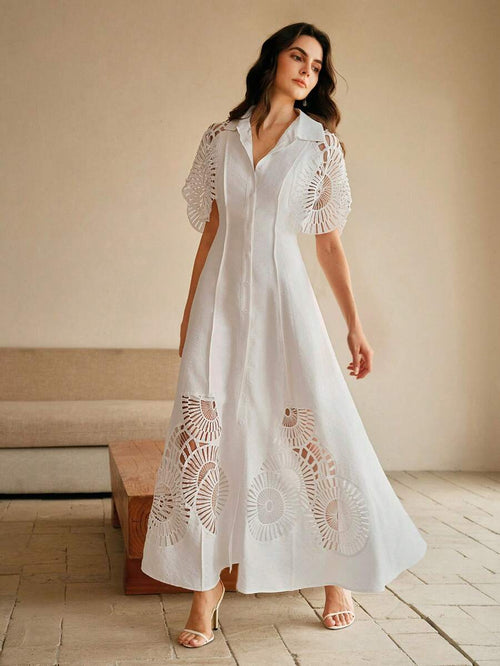 Anewsta Vestido Camisa Feminino de Cor Sólida, Abotoamento Único, Recorte Vazado