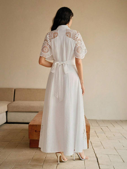 Anewsta Vestido Camisa Feminino de Cor Sólida, Abotoamento Único, Recorte Vazado