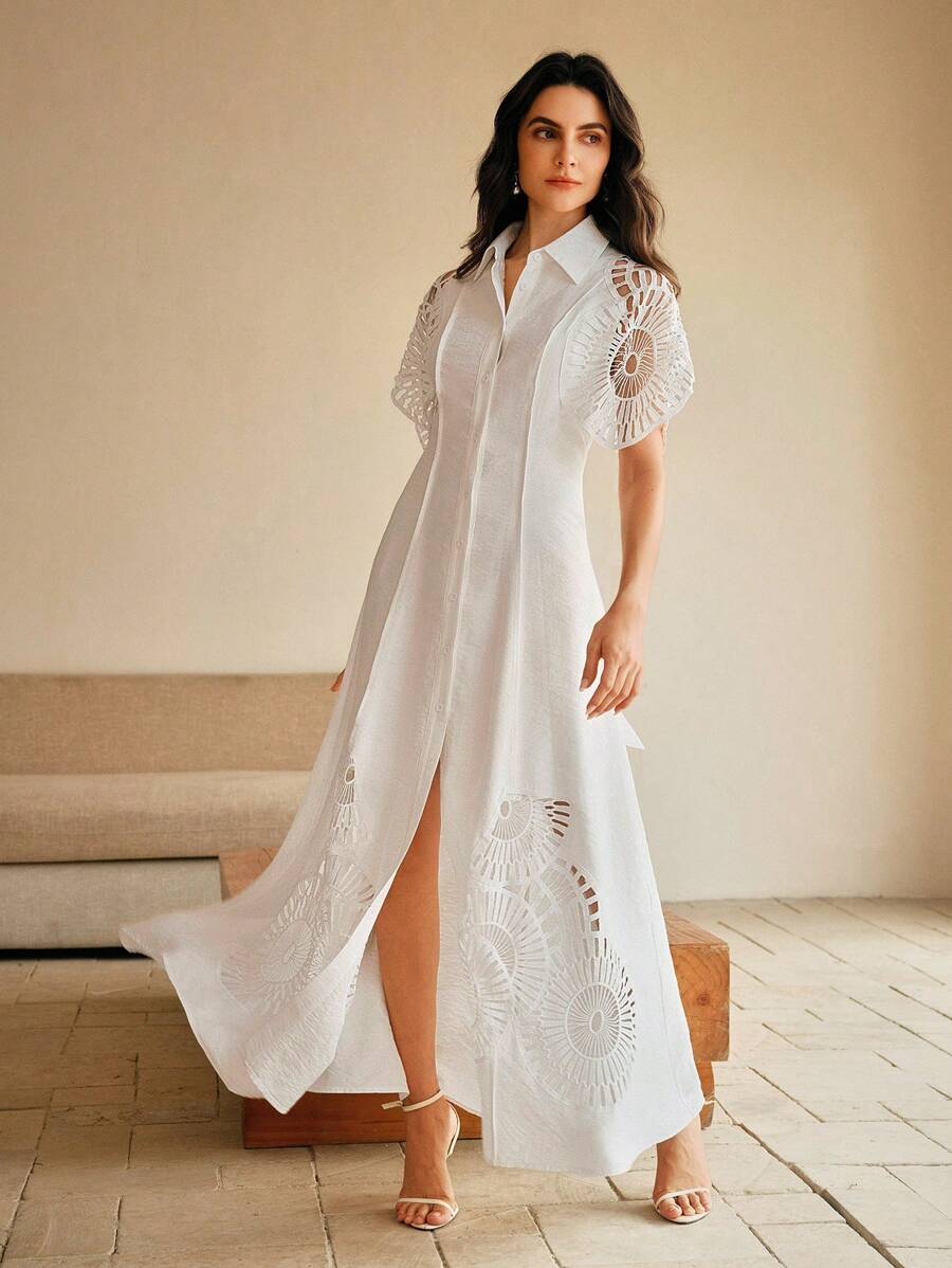 Anewsta Vestido Camisa Feminino de Cor Sólida, Abotoamento Único, Recorte Vazado