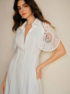Anewsta Vestido Camisa Feminino de Cor Sólida, Abotoamento Único, Recorte Vazado