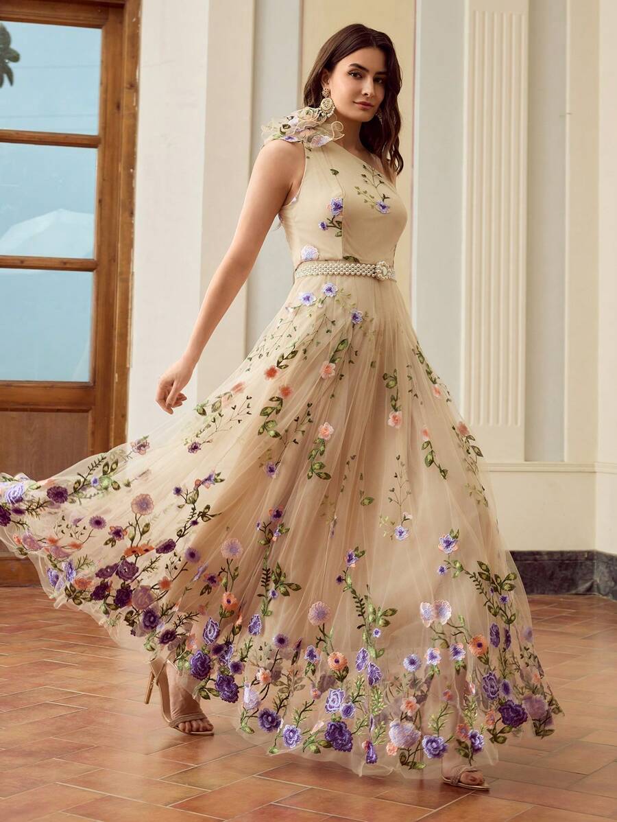 ZEYLAH Vestido Assimétrico de Renda Bordada com Flor 3D para Festa Elegante Feminino