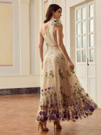 ZEYLAH Vestido Assimétrico de Renda Bordada com Flor 3D para Festa Elegante Feminino