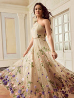 ZEYLAH Vestido Assimétrico de Renda Bordada com Flor 3D para Festa Elegante Feminino