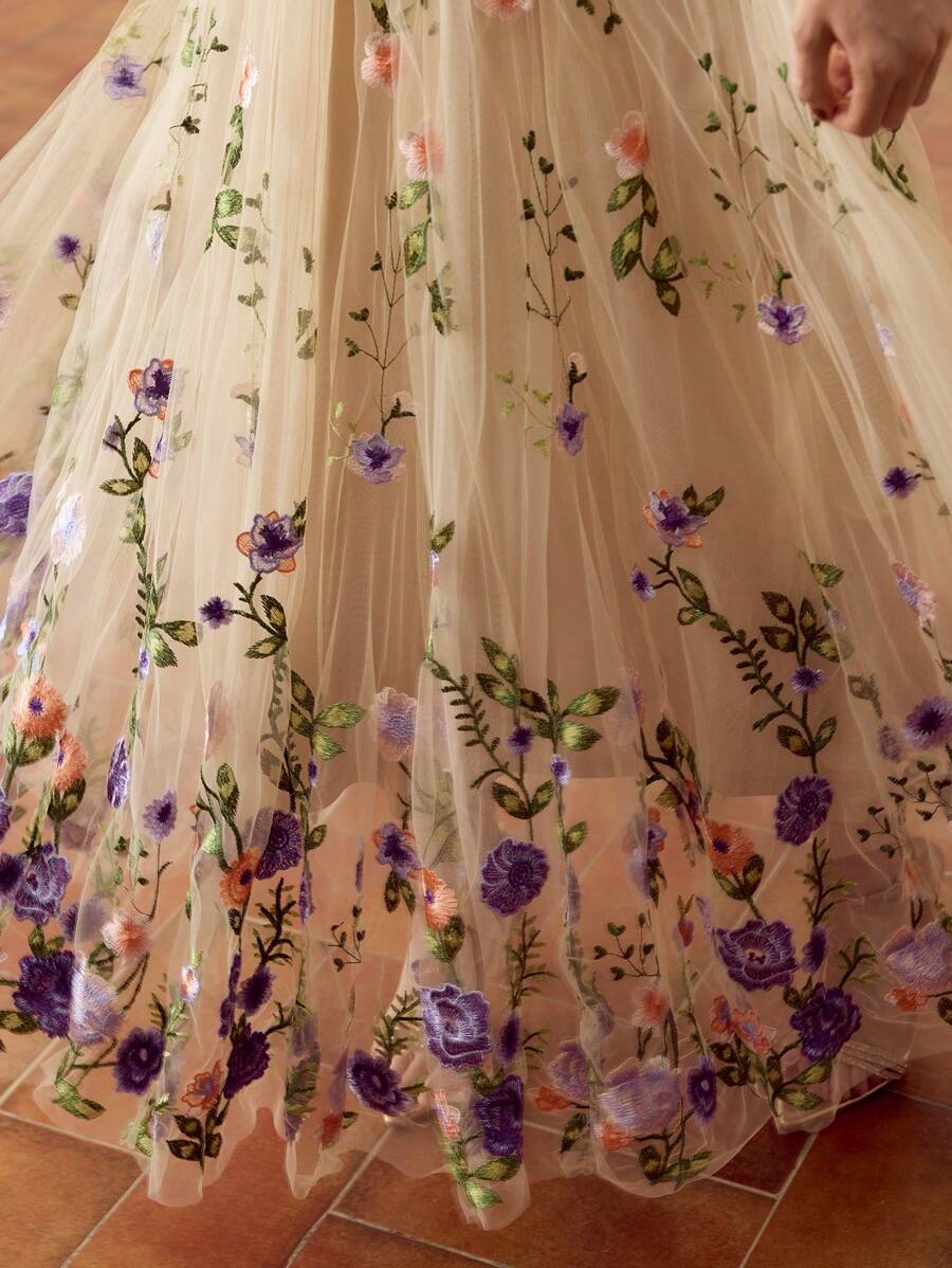 ZEYLAH Vestido Assimétrico de Renda Bordada com Flor 3D para Festa Elegante Feminino