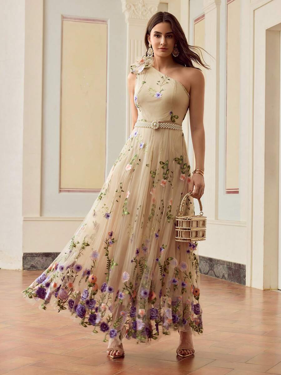 ZEYLAH Vestido Assimétrico de Renda Bordada com Flor 3D para Festa Elegante Feminino