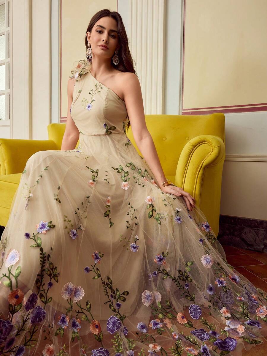 ZEYLAH Vestido Assimétrico de Renda Bordada com Flor 3D para Festa Elegante Feminino